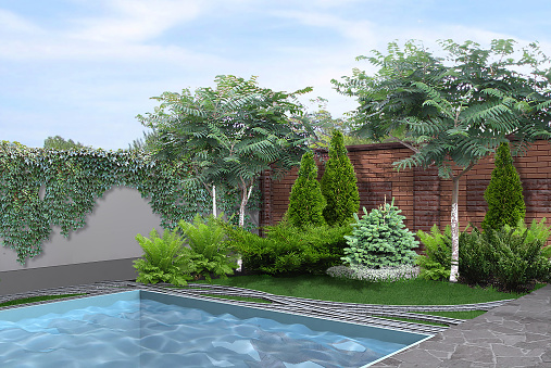 Three-dimensional visualization scene of poolside arrangement. Well-thought planning place for get togethers.