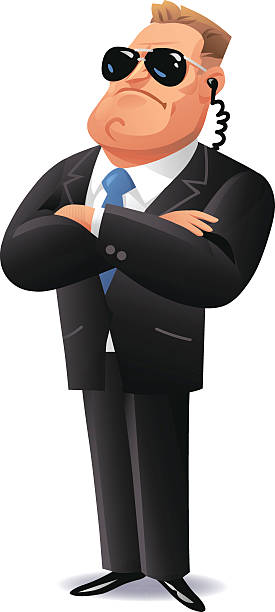 Secret Service Agent A secret service agent or bodyguard in a black suit and black sunglasses standing with his arms crossed looking at the camera, isolated on white. bouncer security staff stock illustrations