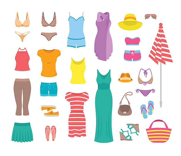 женщины повседневная одежда и аксессуары лето значки на плоской подошве - swimwear bikini lingerie panties stock illustrations