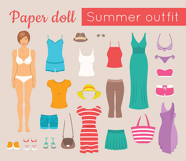 бумажная кукла-девочка с летней одеждой игры - swimwear bikini lingerie panties stock illustrations
