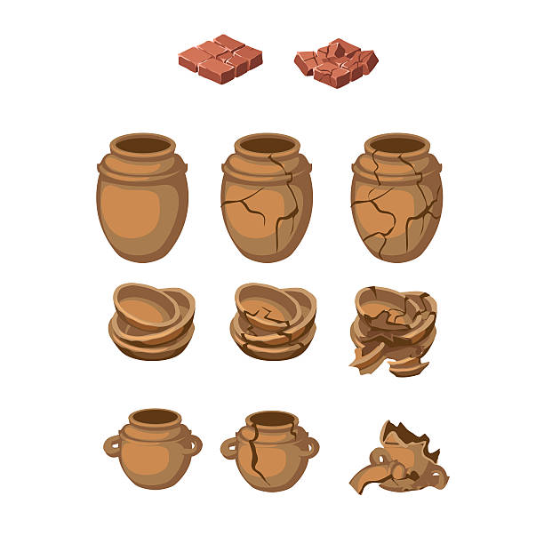 ~세트 토기 컵, 접시, 전체, 브로컨 - jug pitcher pottery old stock illustrations