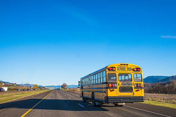 The back of a yellow school bus in downtown Toronto.