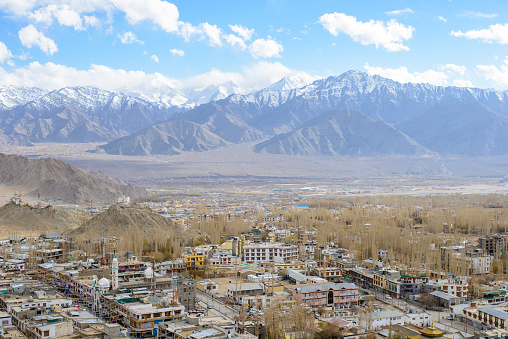 The beautiful views of Old Leh city and Stok Kangri,Ladakh mountain ranges from Leh Palace
