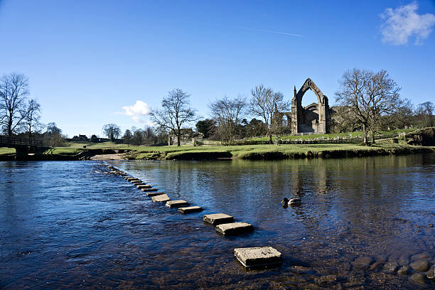 Stepping stones at Bolton Abbey Stepping stones across the River Warfe at Bolton Abbey, North Yorkshire, England river wharfe stock pictures, royalty-free photos & images