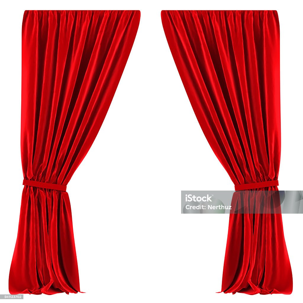 Red Curtains Isolated Red Curtains Isolated on white background. 3D render Curtain Stock Photo