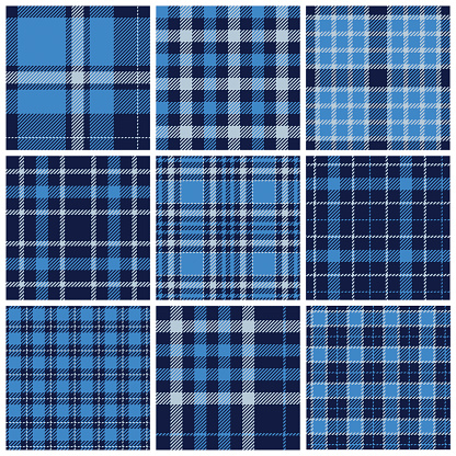 Set of plaid seamless patterns. Blue colors. Vector illustration