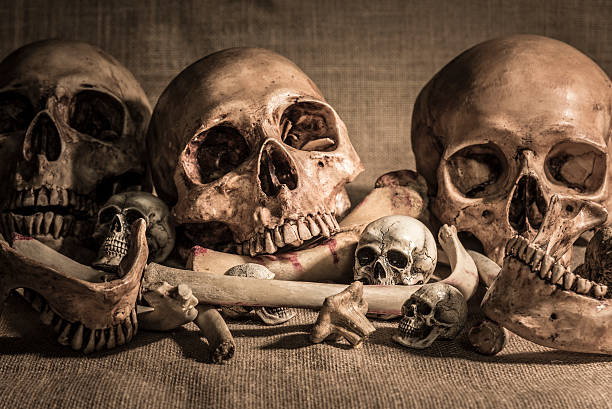 istock Pile of skulls and bones on sackcloth 541124782