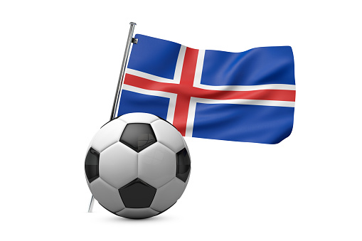 A 3D render of a soccer football ball with a Iceland flag on a white background