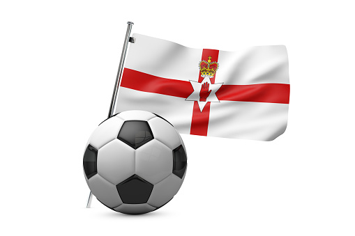 A 3D render of a soccer football ball with a Northern Ireland flag on a white background