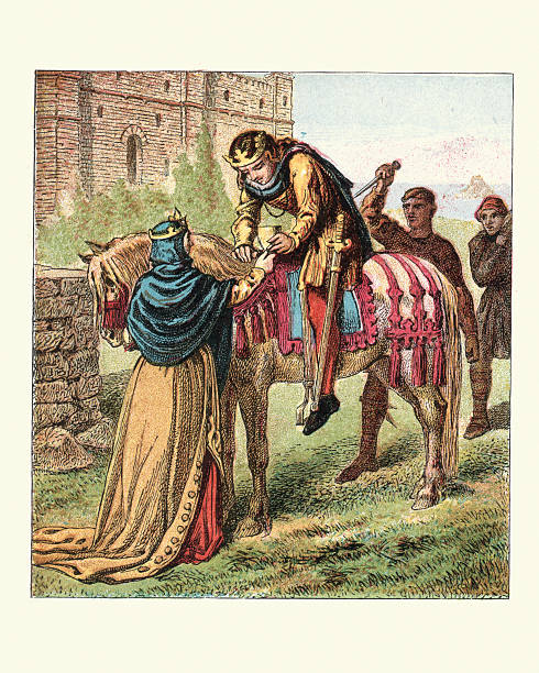Queen Elfrida and the murder of King Edward the Martyr Vintage engraving of Queen Elfrida and the murder of King Edward the Martyr at Corfe Castle in 978. my stepmom stock illustrations