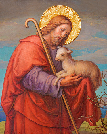 Vienna, Austria - February 17, 2014: Vienna - Fresco of Jesus as good shepherd by Josef Kastner from end of 19. cent. in Carmelites church in Dobling.