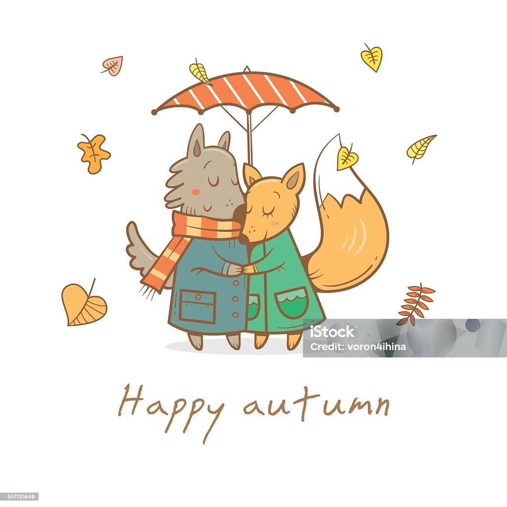 Card with animals. Card with cute cartoon wolf and fox in love. Funny animals under  umbrella. Autumn time. Falling leaves. Rainy weather. Children's illustration. Vector image. Animal stock vector