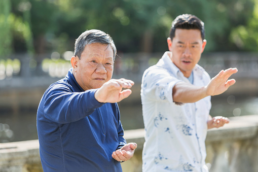 Two Asian men in the park doing tai chi. The focus is on the senior man on the left in the foreground. The younger man could be his son or an instructor.