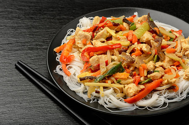 istock Rice noodles with vegetables, mushrooms, chicken and soy sauce. 541134372
