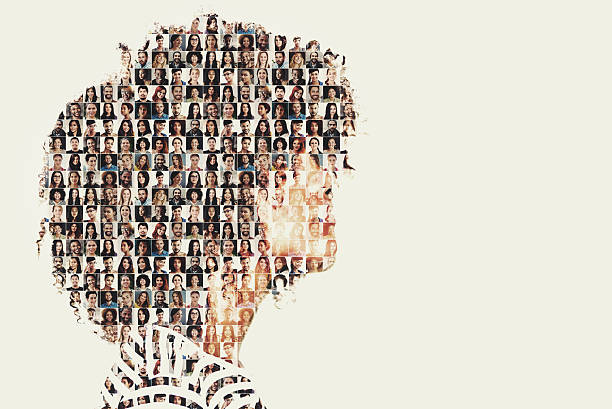Together we make one Composite image of a diverse group of people superimposed on a woman's profile image montage stock pictures, royalty-free photos & images