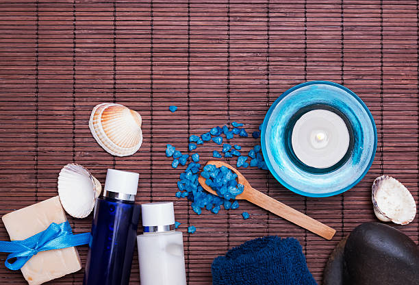 istock Spa still life in blue colors with bottles 541135948