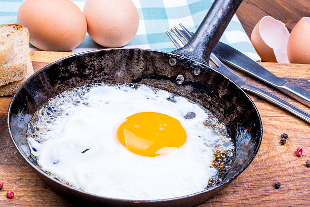 Fried egg on pan. stock photo