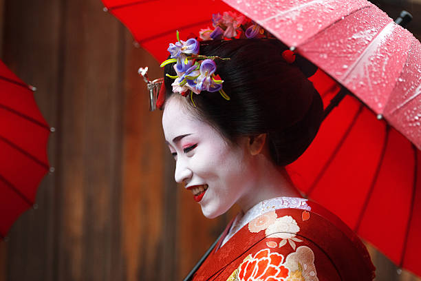 Maiko girl Maiko girls behavior femininity outdoors horizontal stock pictures, royalty-free photos & images