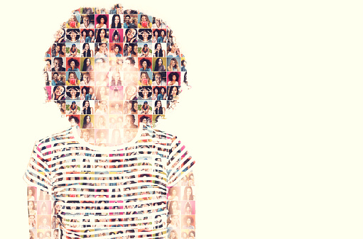 Composite image of a diverse group of people superimposed on a woman's  face