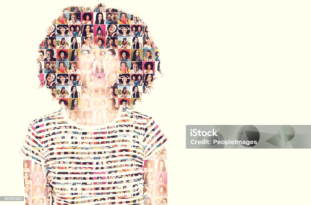 Faces of fun Composite image of a diverse group of people superimposed on a woman's  face Image Montage Stock Photo