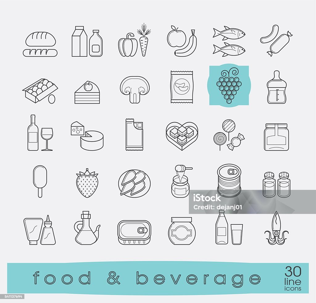 Collection of food and beverage icons. Set of line food stuffs. Vector illustration. Pantry stock vector