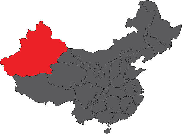 Xinjiang red map on gray China map vector Xinjiang red map on gray China map vector prc stock illustrations