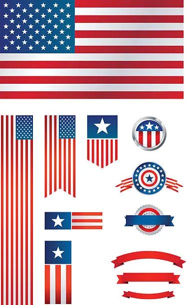 Vector illustration of American Flag banners, badges, seals