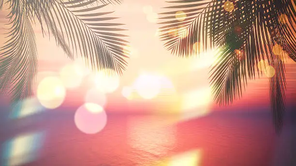Photo of 3D sunset ocean with palm tree fronds and vintage effect