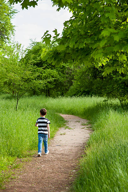 istock little boy goes on footpath in a green park 541141566