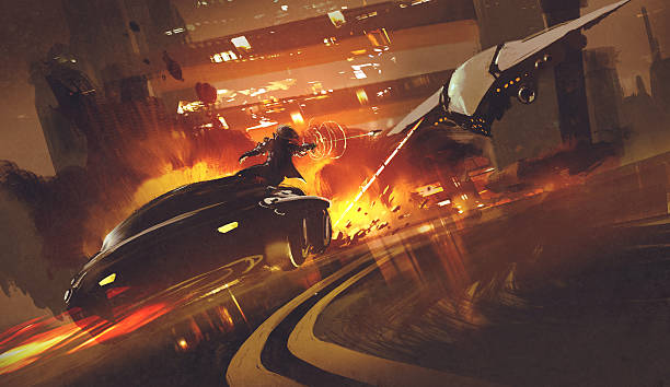 spacecraft chasing futuristic car on highway chase scene of spacecraft chasing futuristic car on highway,illustration chasing stock illustrations