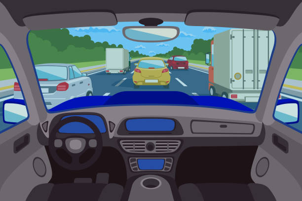 autostrada, droga oglądana wewnątrz samochodu. ilustracja wektorowa - looking through window illustrations stock illustrations