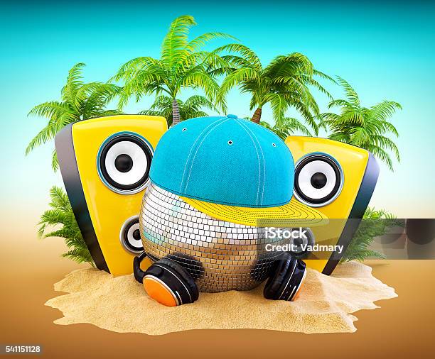 Mirror Ball With Cap And Headphones Stock Photo - Download Image Now - Artist, Backgrounds, Beach