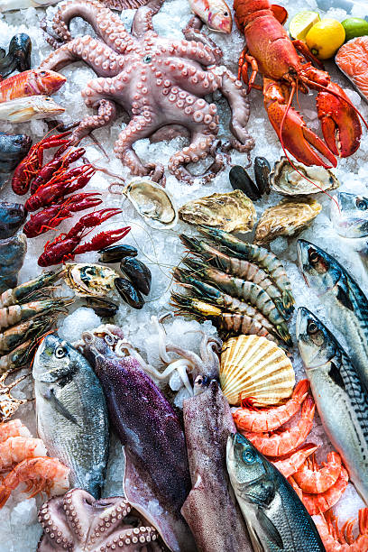 fruits de mer sur glace  - prepared shellfish seafood lobster ice photos et images de collection