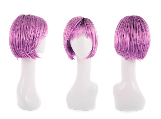 Straight hair wig over the white plastic mannequin head isolated over the white background, set of three foreshortenings