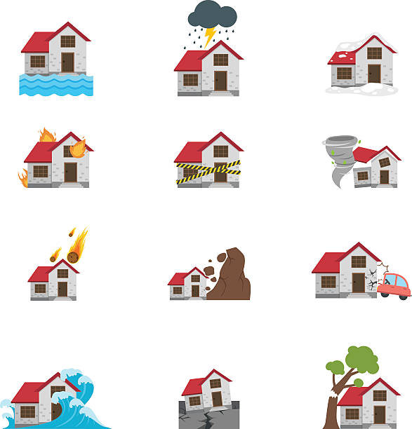 ~의 삽화 자연 재해 아이콘크기 - disaster natural disaster earthquake fire stock illustrations