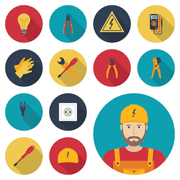 Vector illustration of Electricity set icon flat. Icons electric tools, equipments and