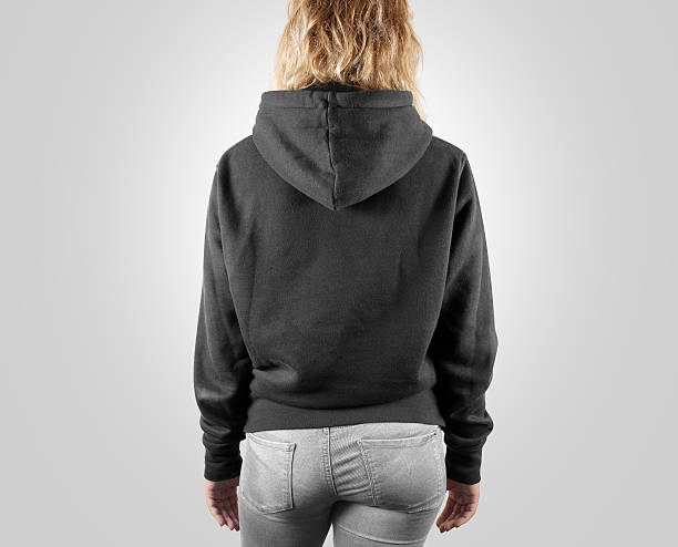 Blank black sweatshirt mock up back side view, isolated. Blank black sweatshirt mock up back side view, isolated. Female wear grey plain hoodie mockup. Hoody design presentation. Clear loose model. Gray jumper backward. Man clothes sweat shirt sweater wear hood clothing stock pictures, royalty-free photos & images