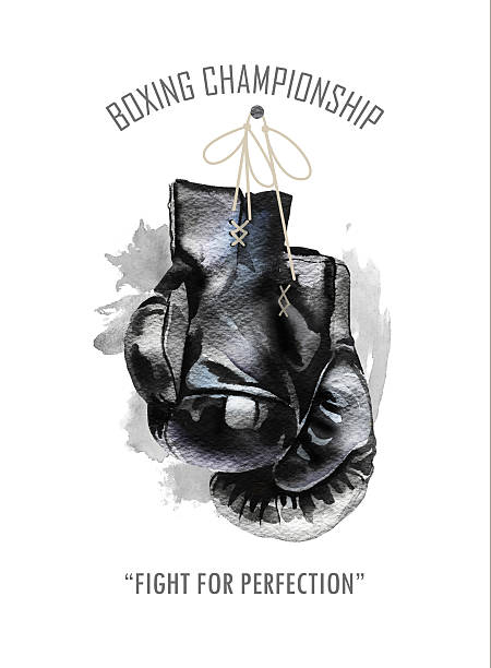 수채화 손 그린 블랙 복싱 장갑 일러스트. - conflict boxing glove classic sport stock illustrations