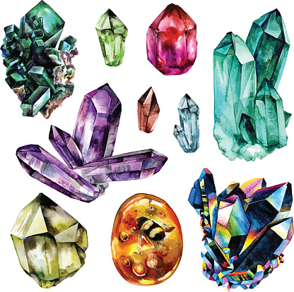 Watercolor Gems collection. Semiprecious crystals. Hand drawn illustration isolated on white background
