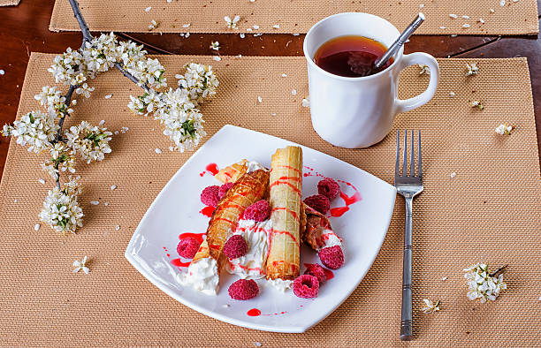 istock waffle with berries and cream on the wooden table 541268080