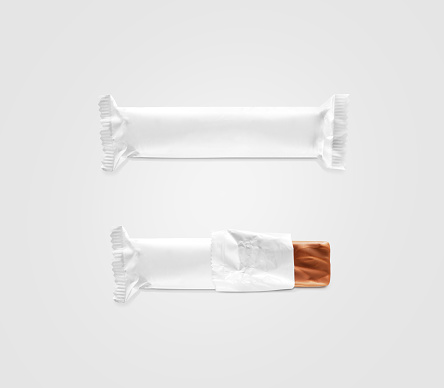 Blank white candy bar plastic wrap mockup isolated.