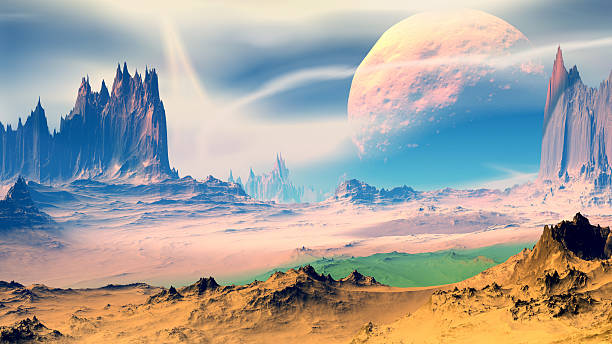 istock Fantasy alien planet. Rocks and lake. 3D illustration 541272368