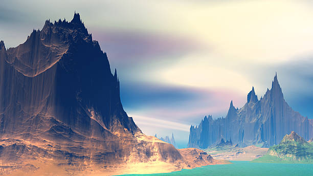 istock Fantasy alien planet. Rocks and lake. 3D illustration 541272922