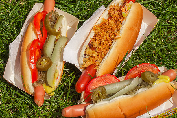 istock Three different hot dogs at a picnic on the grass 541275884