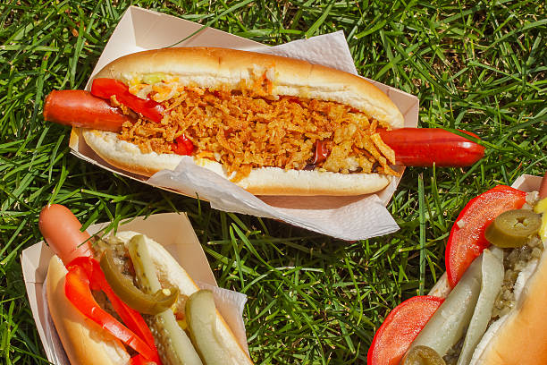 istock Three hot dogs for a picnic sunny summer day 541275950