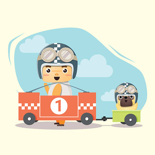 Little boy racer and friend Little boy racer and friend , vector, illustration baby pug stock illustrations