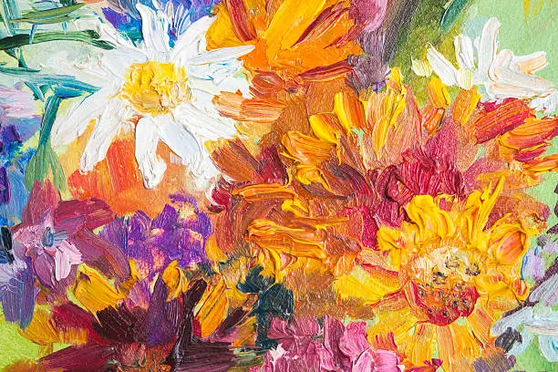 Photo of Oil painting, closeup fragment. Colorful bouquet