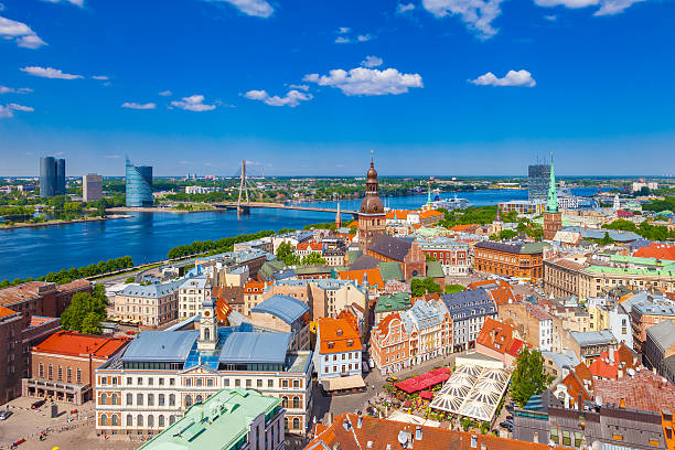 View from St. Peters Church on old Riga, Latvia. stock photo