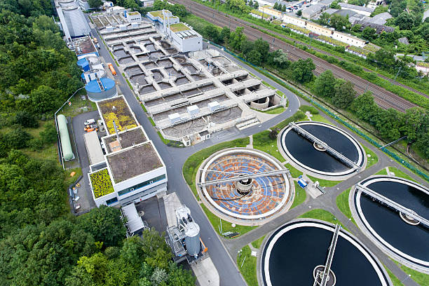 istock Sewage treatment plant - aerial view 541282416