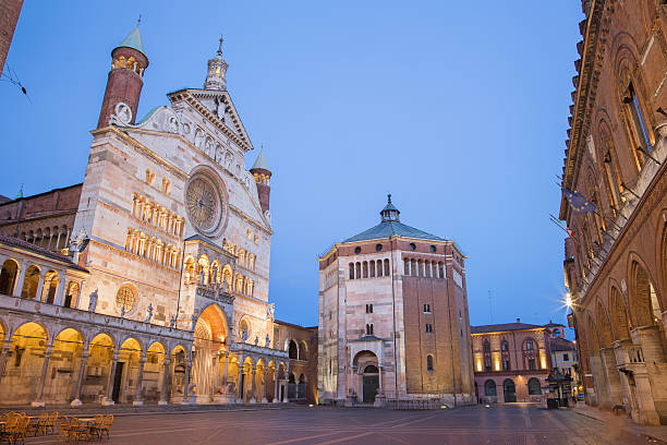 Cremona - cathedral Assumption of the Blessed Virgin Mary dusk. stock photo